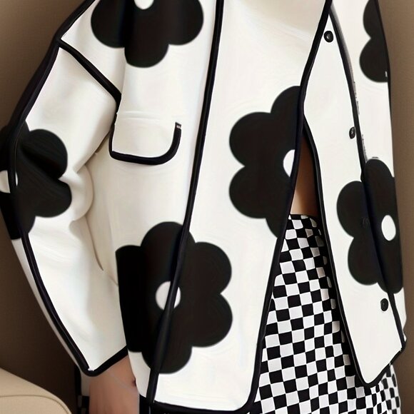 Chic Floral Print Jacket Stand Collar Long Sleeve, Button-Up with Front Pockets - Picture 1 of 6